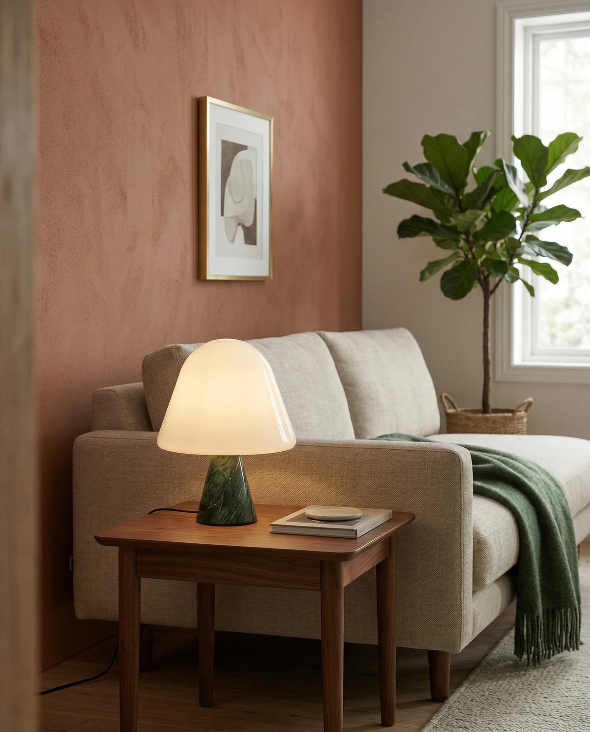Marble table lamp OLIVA No.04 with emerald base and lit opal dome on a wooden side table beside a beige sofa