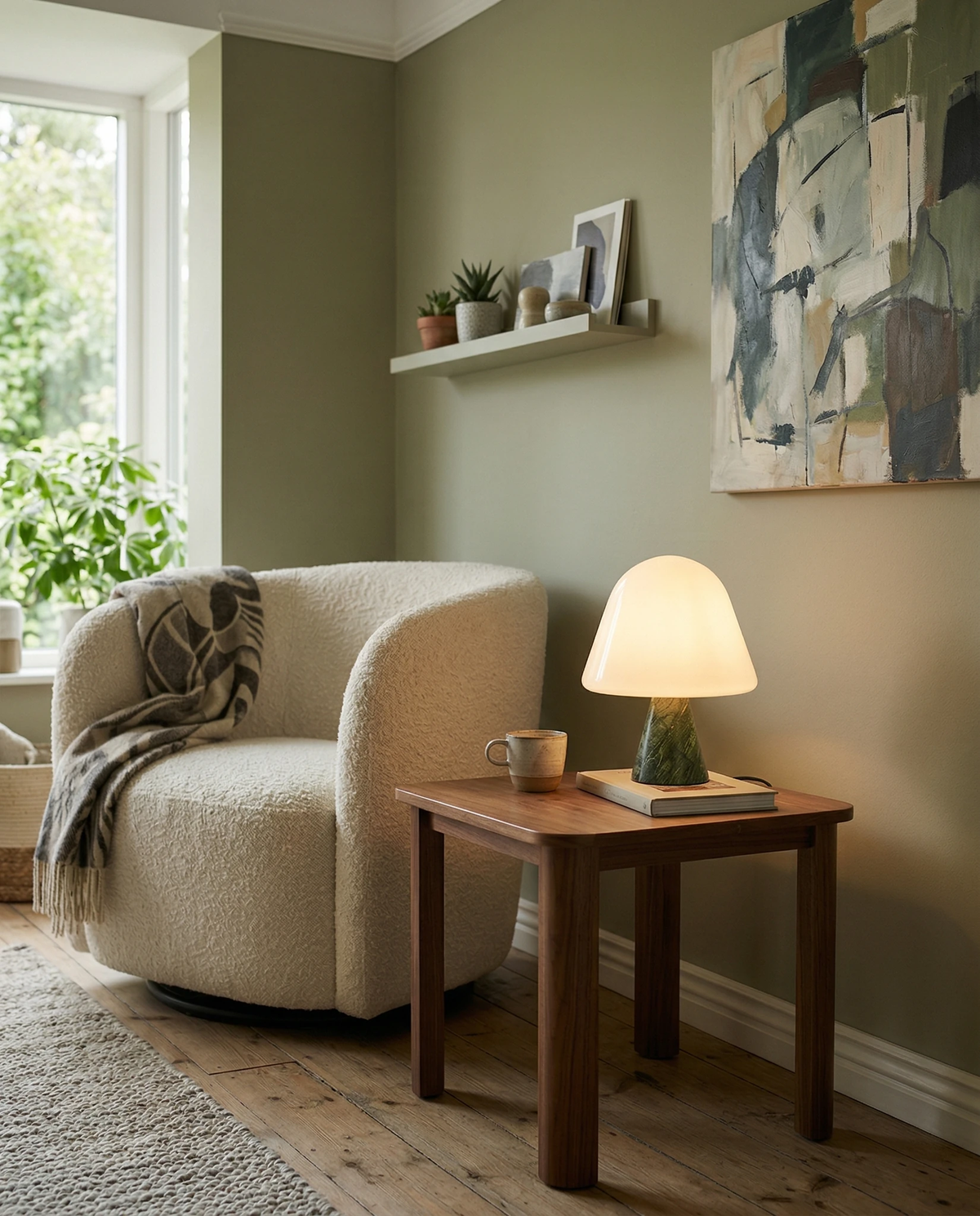 Marble table lamp OLIVA No.04 lit on a wooden side table next to a boucle armchair in a green room