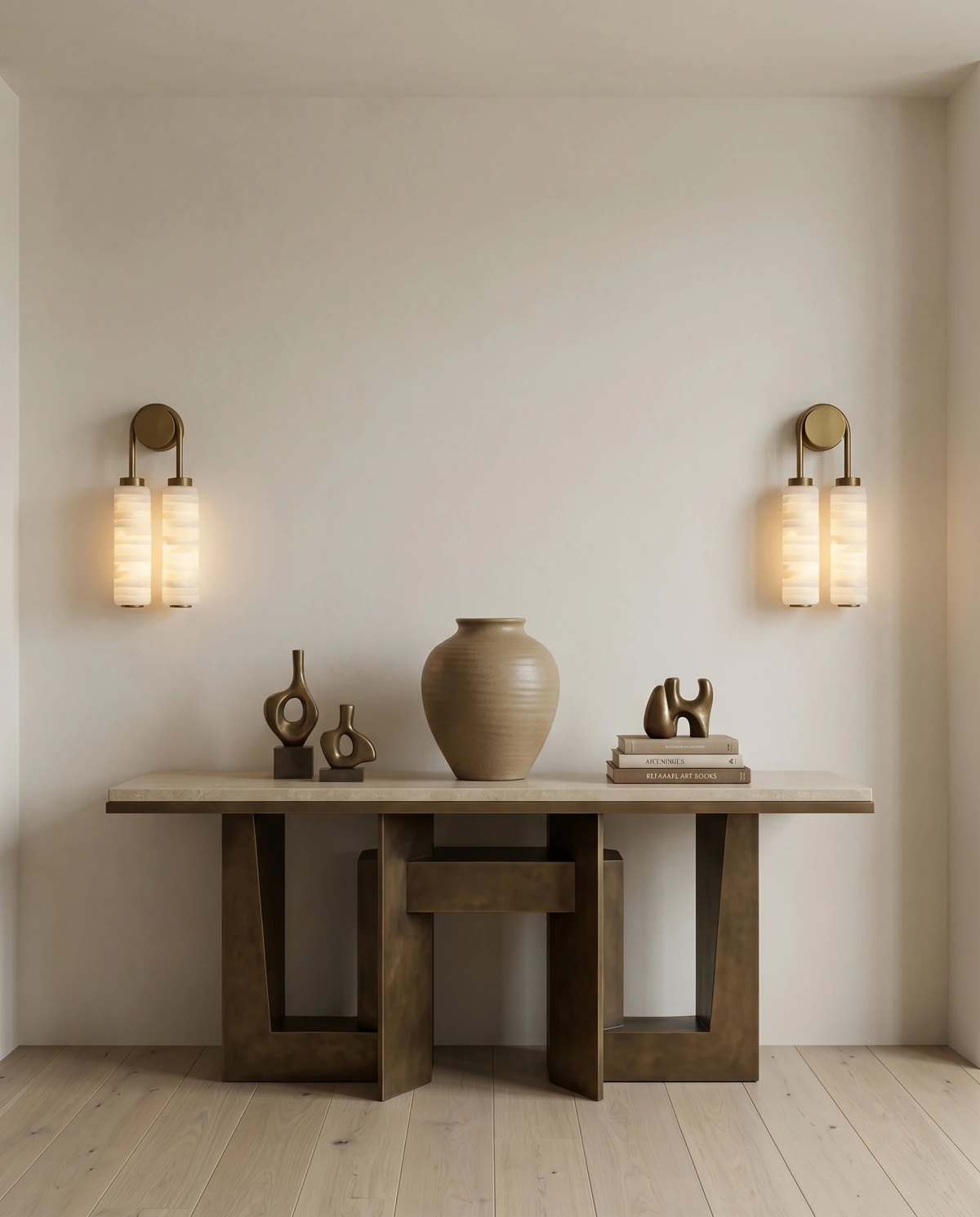 Marble vanity light TORRE No.02, two lit twin sconces on a white wall flanking a wooden console with vases