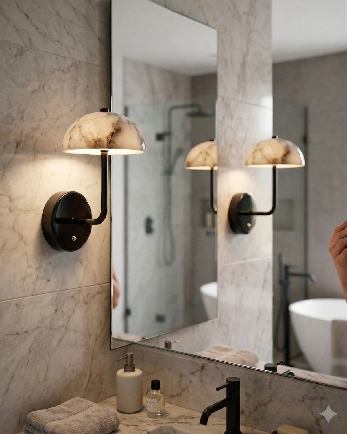 Pair of marble wall sconces NUVOLA No.01 lit beside a large mirror above a bathroom vanity with a tub behind