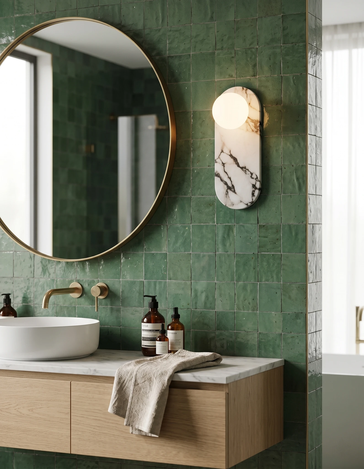 Marble wall sconce AVOLA No.01 switched on next to a round mirror on green tiles above a white basin