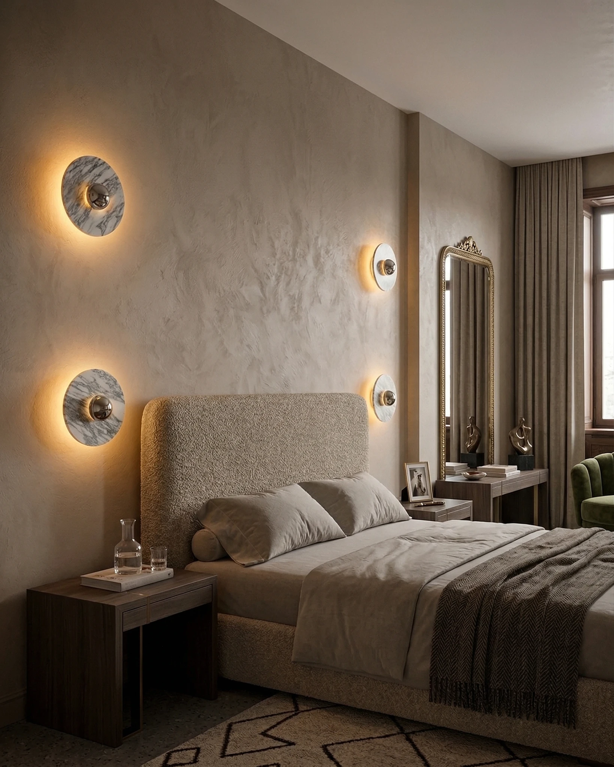 Four marble wall sconces LATTE No.01 with brass centers switched on across the plaster walls of a bedroom
