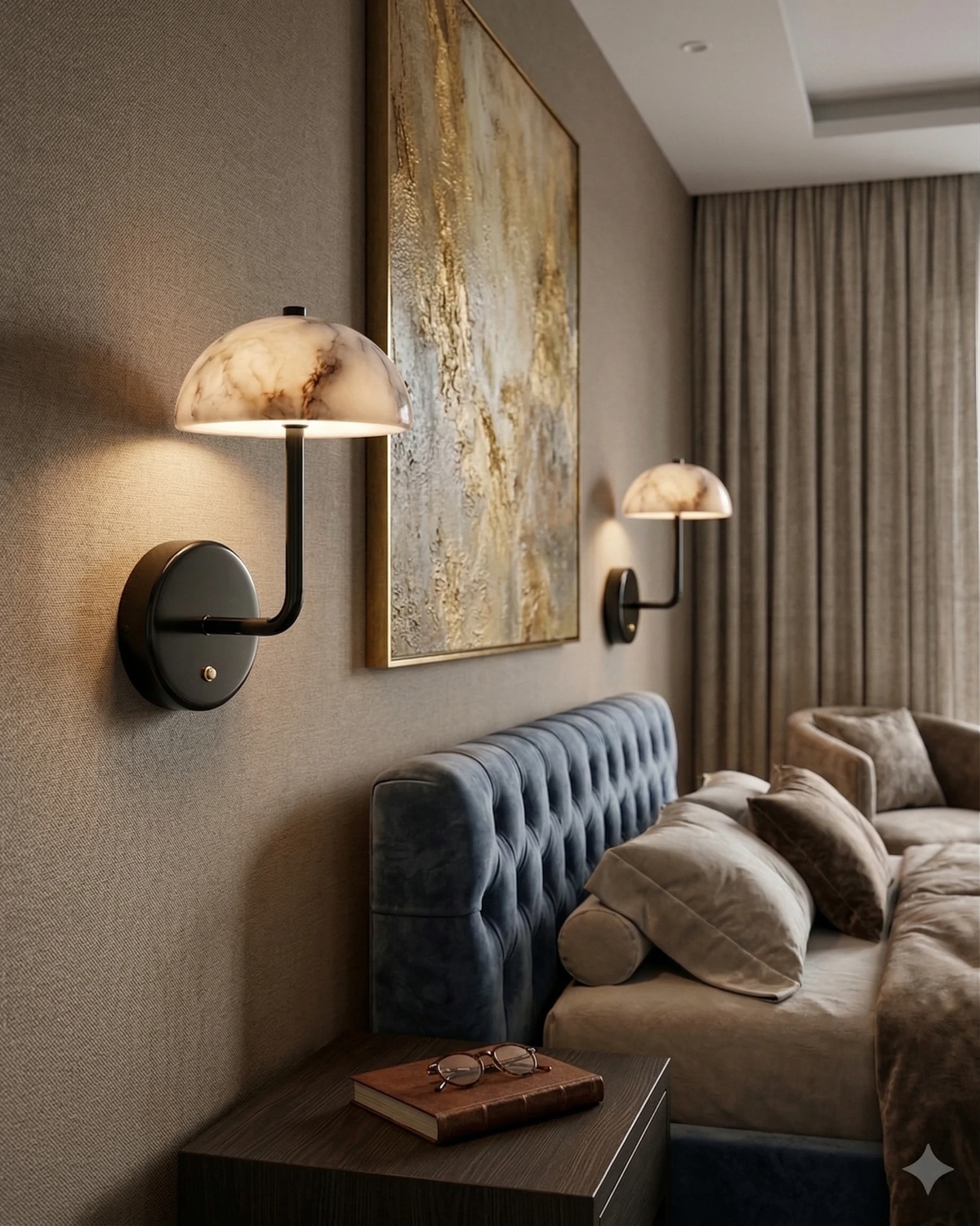 Two marble wall sconces NUVOLA No.01 lit on either side of a blue tufted headboard beneath a gold painting