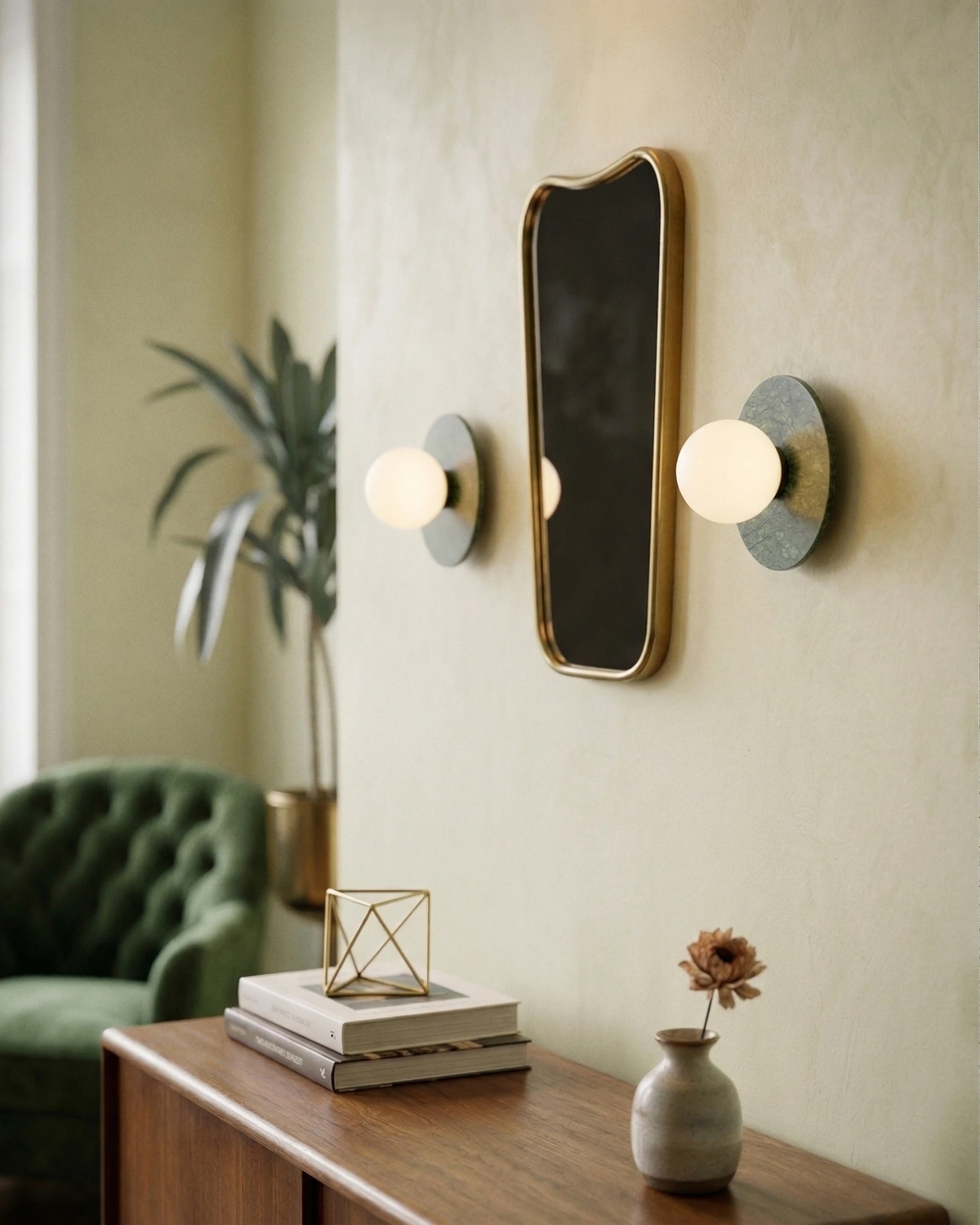 Two marble wall sconces VENA No.01 lit either side of a brass mirror above a walnut console near a green armchair