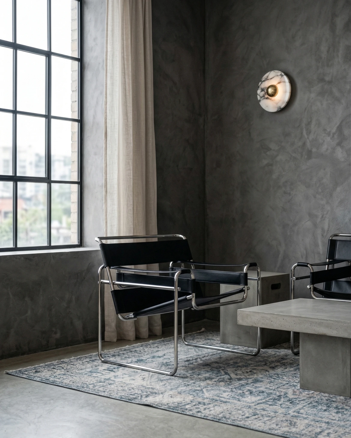 Marble wall sconce LATTE No.01 unlit on a concrete loft wall beside a tall window and a black leather chair