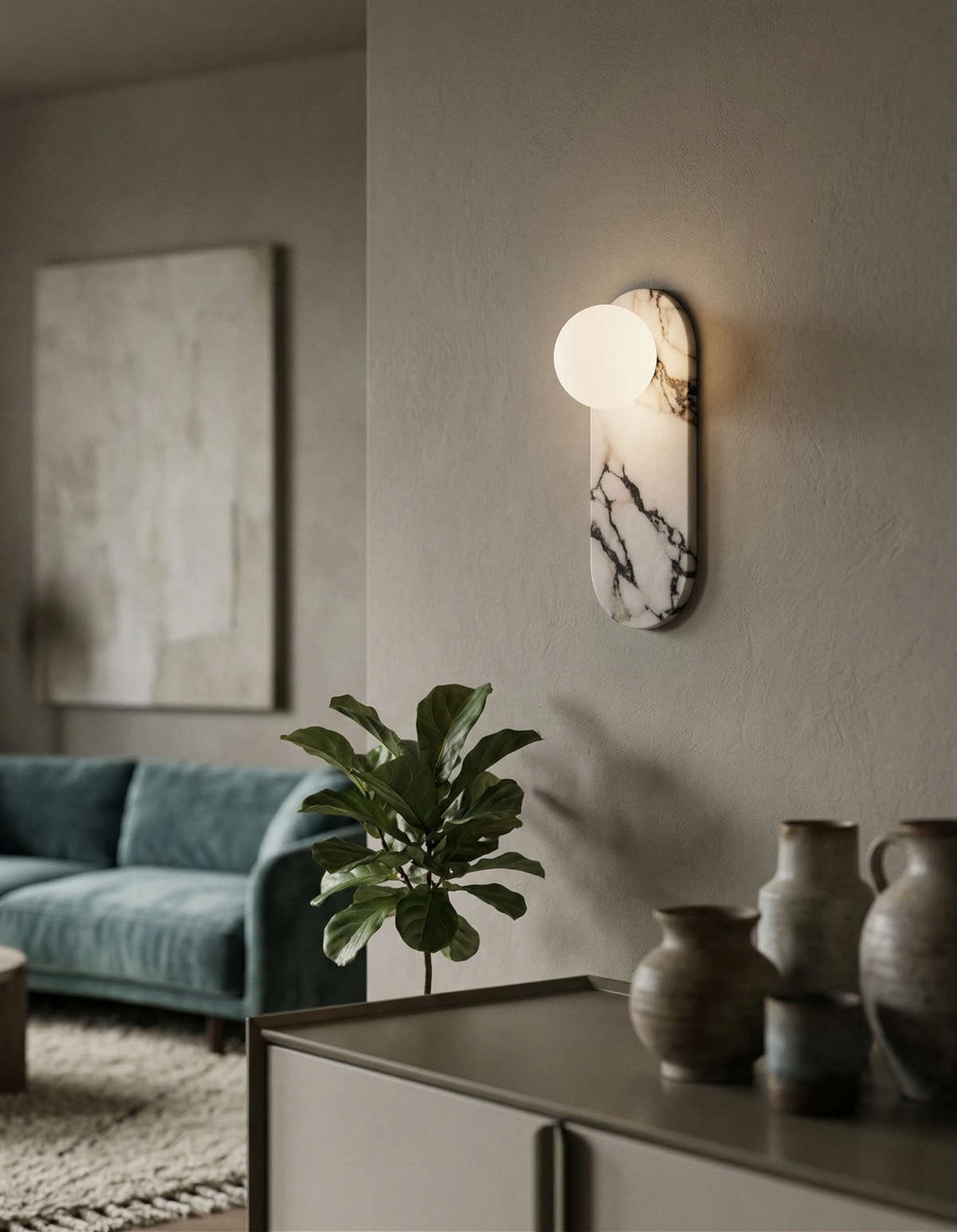 Marble wall sconce AVOLA No.01 lit on a plaster wall above a sideboard with vases near a teal sofa