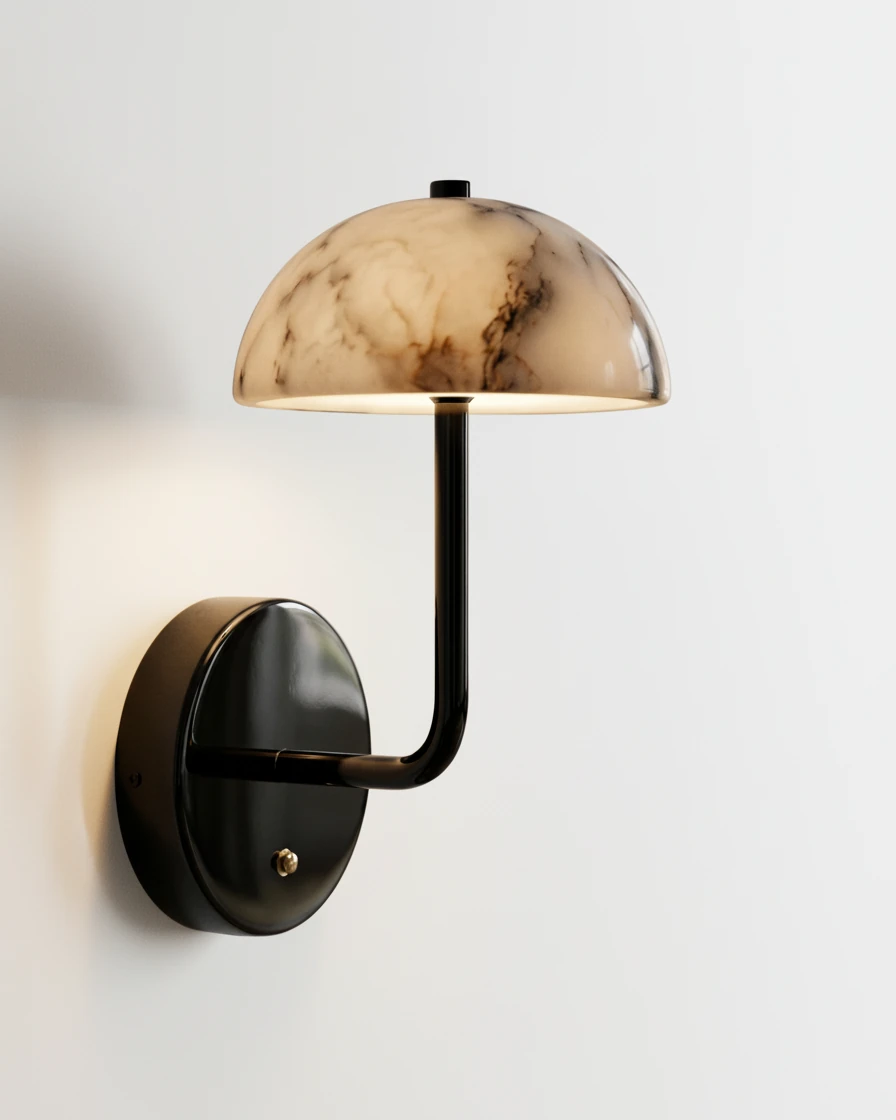 Marble wall sconce NUVOLA No.01, unlit marble dome on a curved gunmetal arm with round backplate, side view