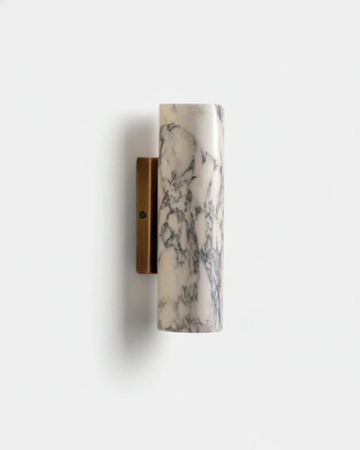 Marble wall sconce PORTORO No.01 unlit, purple-veined marble cylinder on a slim brass bracket