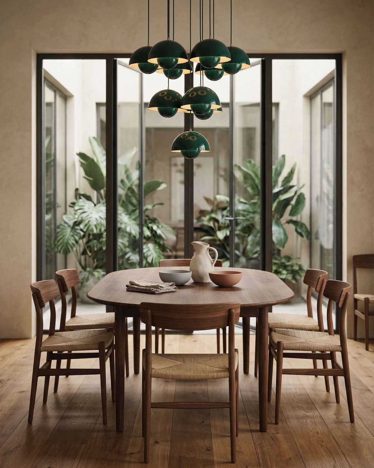 Modern chandelier FLORA No.01 in forest green hanging over an oval wood dining table by floor-to-ceiling windows