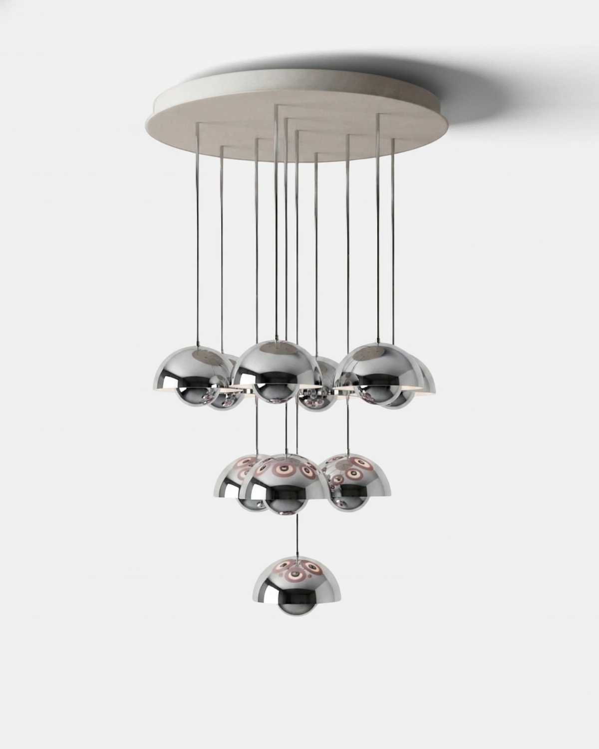 Modern chandelier FLORA No.01 Prelude in chrome mirror finish, ten reflective petal globes in a cluster