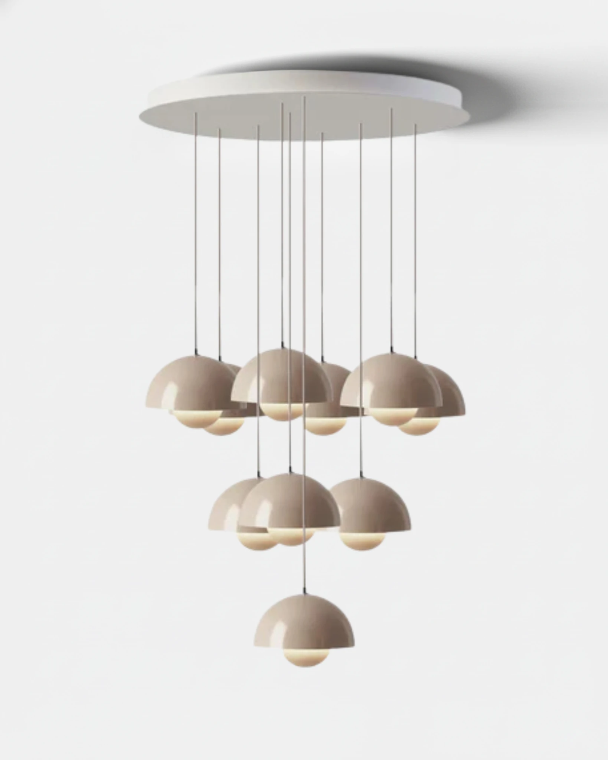 Modern chandelier FLORA No.01 Prelude in glossy cream, ten petal globes clustered under a white canopy