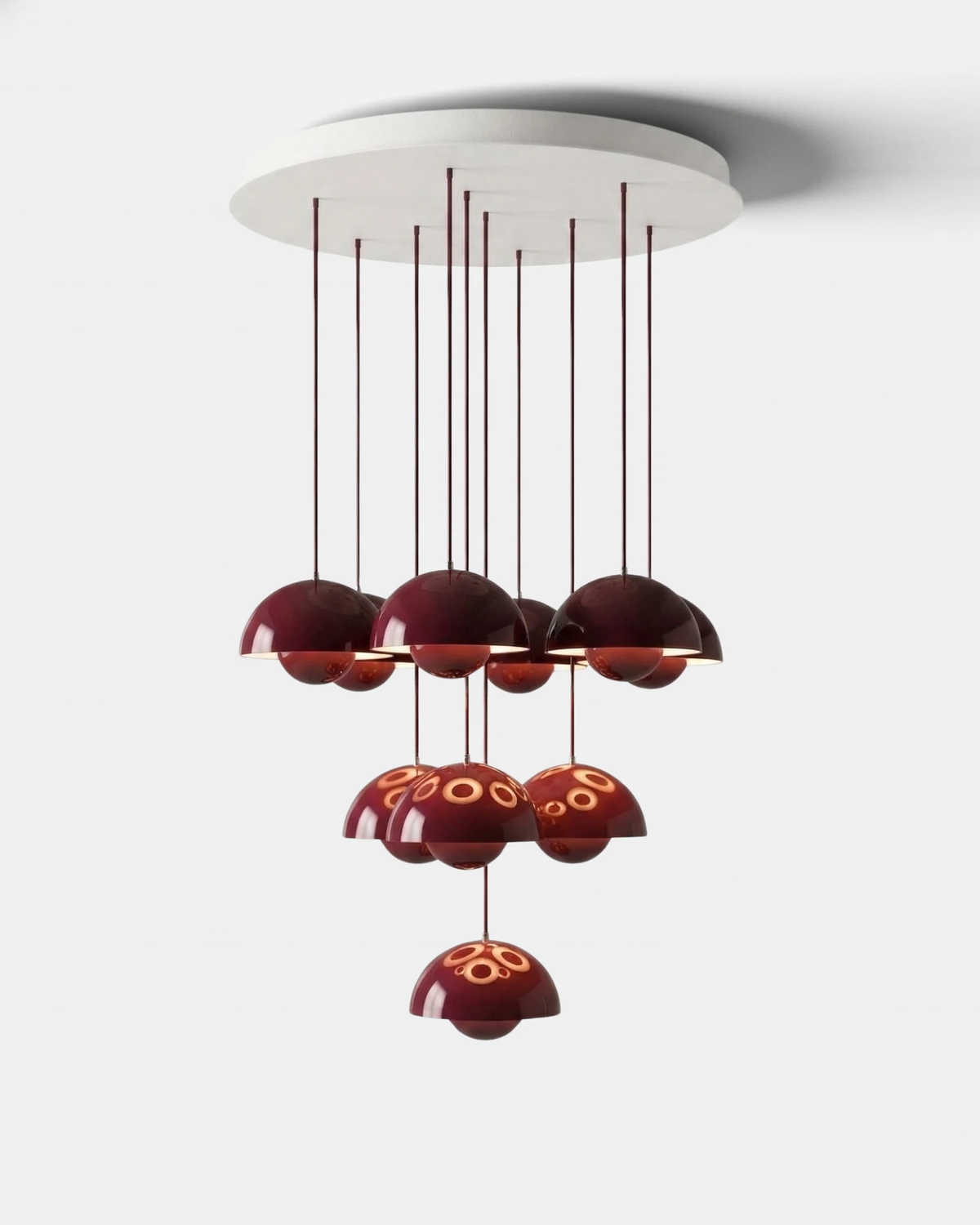Modern chandelier FLORA No.01 Prelude in crimson red, ten glossy petal globes in a tight cluster