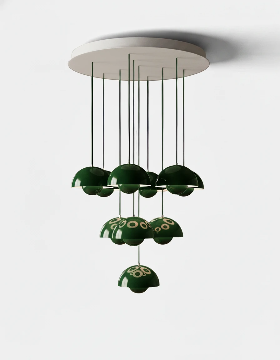 Modern chandelier FLORA No.01, Prelude edition with ten forest green petal globes on a round white canopy