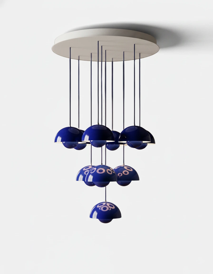 Modern chandelier FLORA No.01 Prelude edition in Klein blue, ten petal globes hung at staggered heights