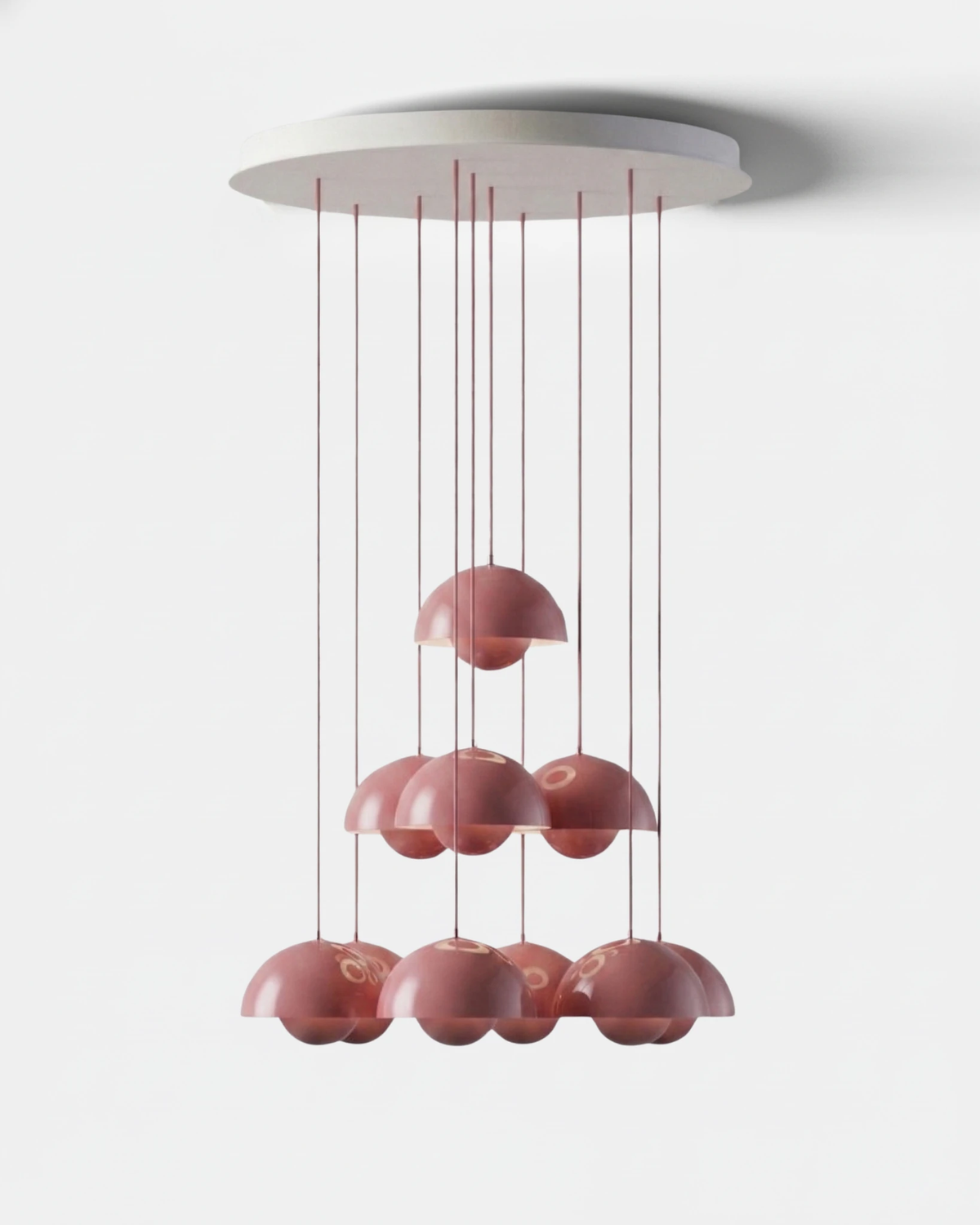 Modern chandelier FLORA No.01 Sonata in coral pink, ten petal globes cascading in three stepped tiers