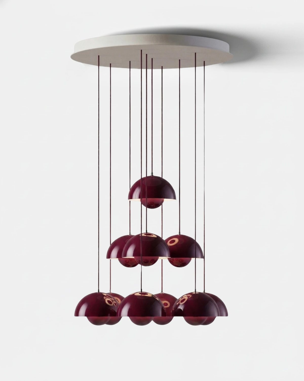 Modern chandelier FLORA No.01 Sonata cascade, ten crimson red petal globes stepping down on thin cords
