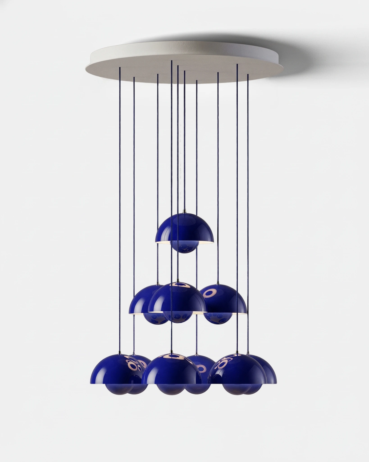 Modern chandelier FLORA No.01 Sonata cascade in Klein blue, ten petal globes stepping down in three tiers