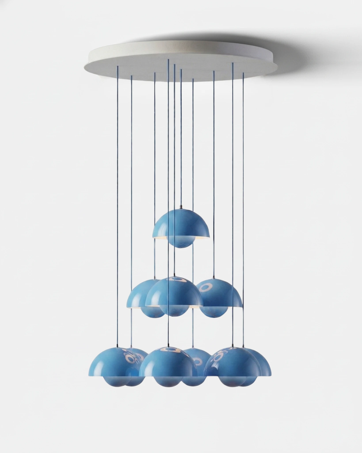 Modern chandelier FLORA No.01 Sonata cascade with ten sky blue petal globes in descending tiers