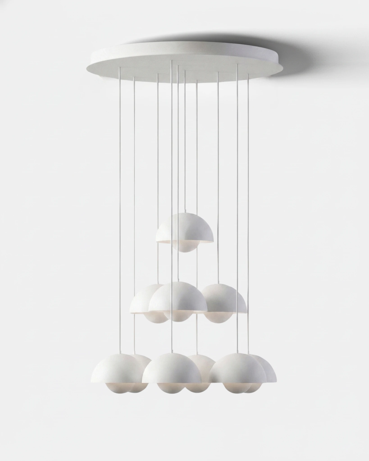 Modern chandelier FLORA No.01 Sonata cascade in white matte, ten petal shades hung in three descending rows