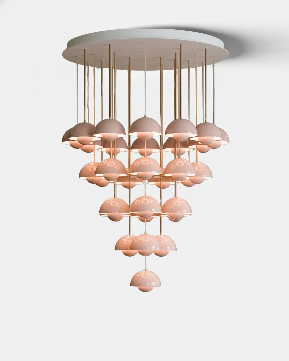 Modern chandelier FLORA No.01 Symphony in coral pink, 31 petal globes hung in a tall tapering cluster