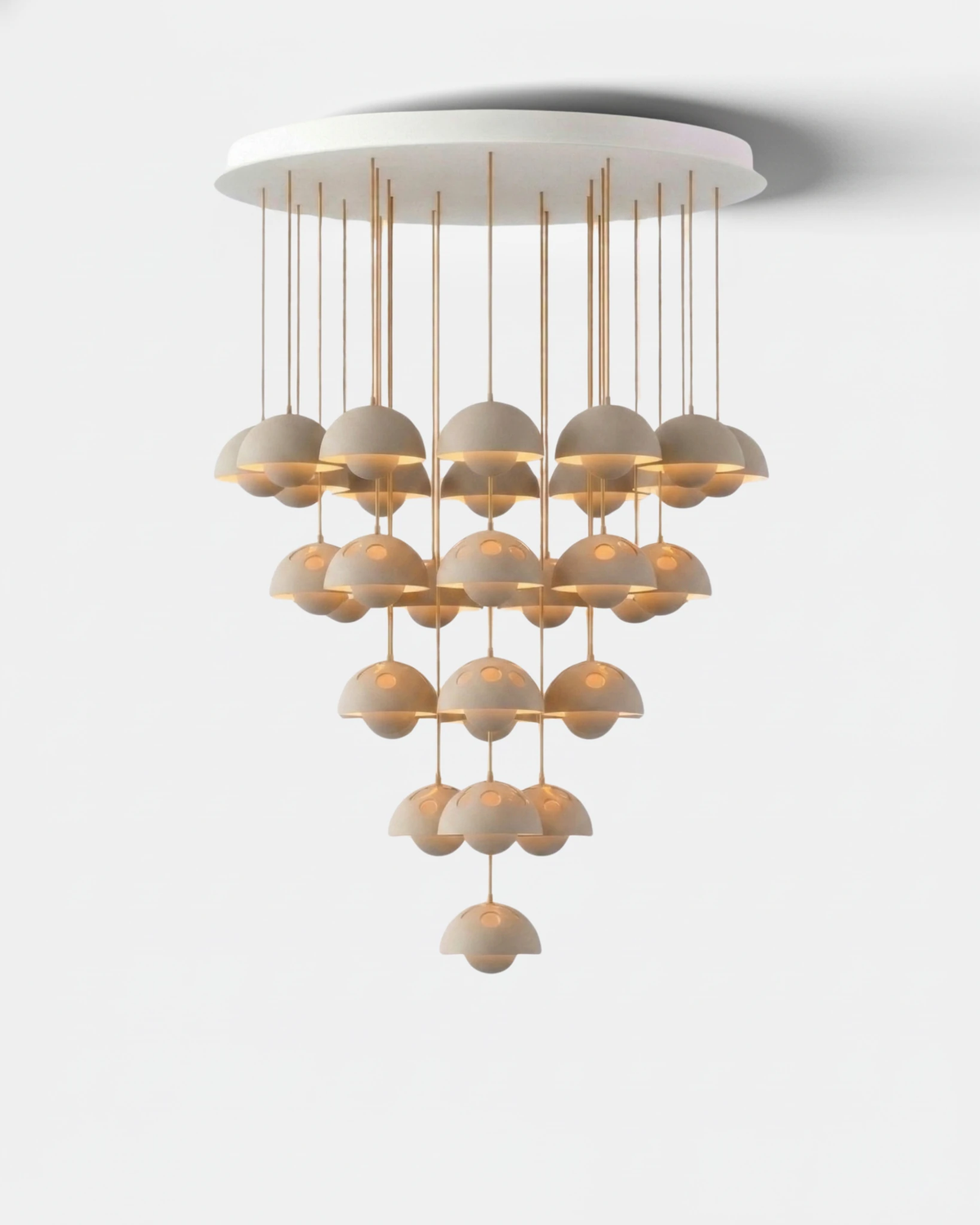 Modern chandelier FLORA No.01 Symphony in cream matte, 31 petal globes descending in staggered tiers