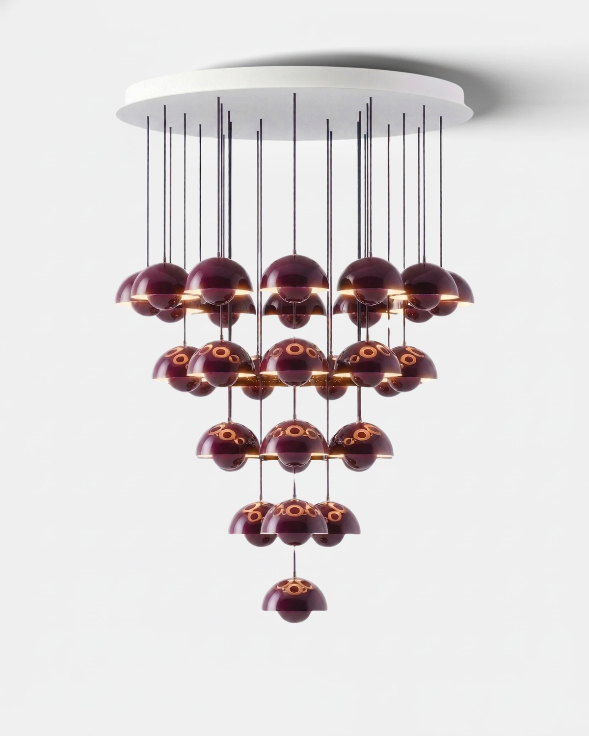 Modern chandelier FLORA No.01 Symphony in crimson red, 31 petal globes cascading down to a single point