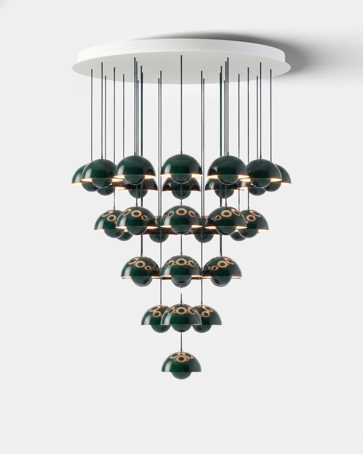 Modern chandelier FLORA No.01 Symphony edition with 31 forest green petal globes in a tapered cascade