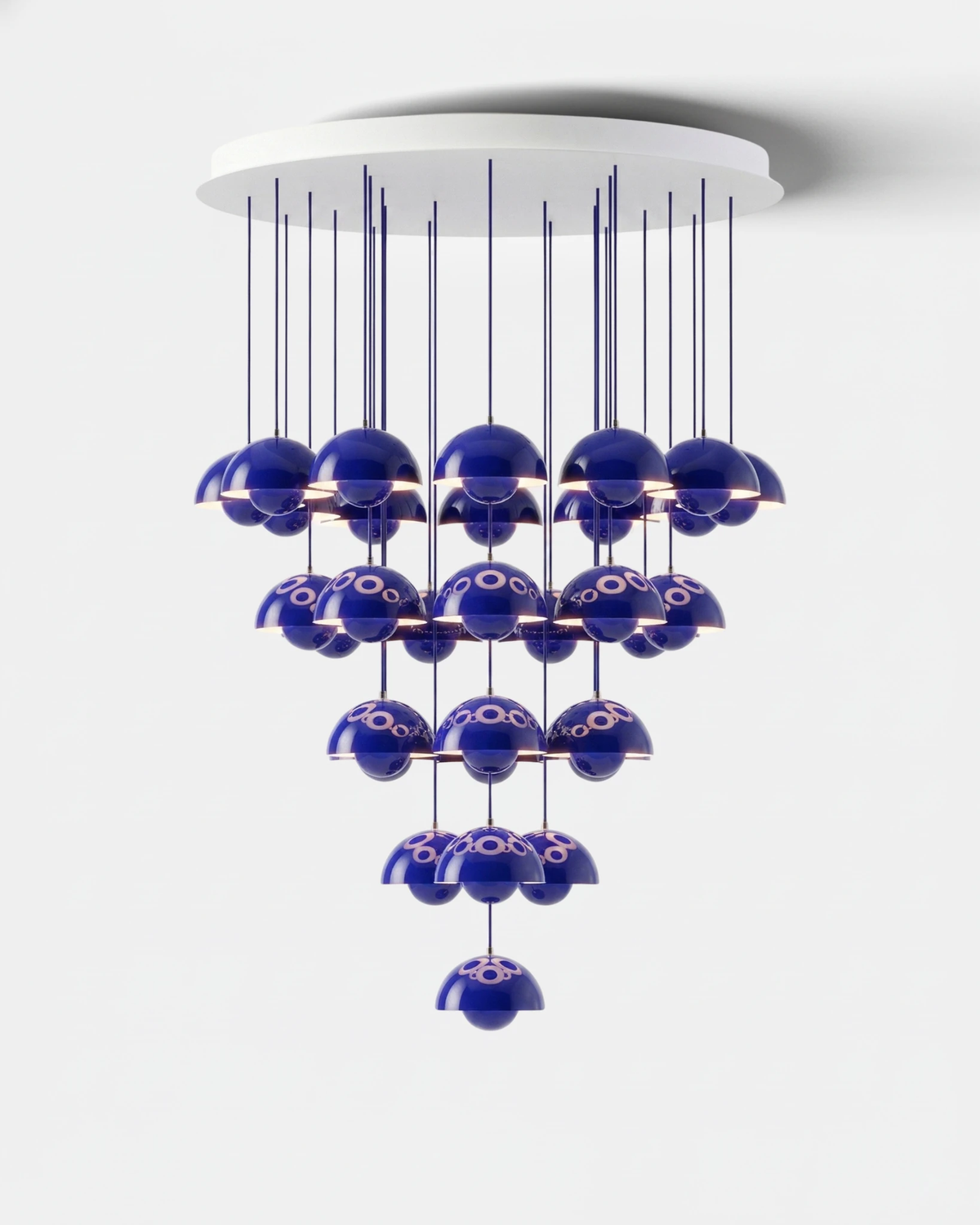 Modern chandelier FLORA No.01 Symphony in Klein blue, 31 petal globes stepping down in a long cascade