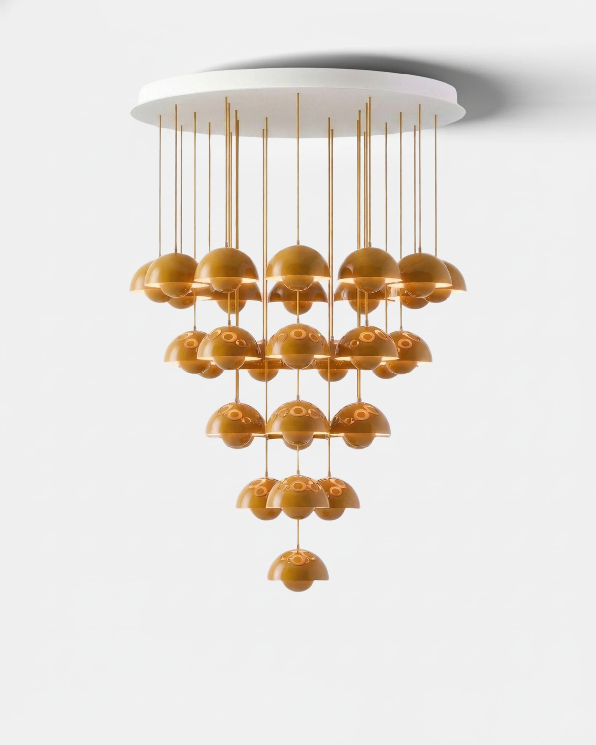 Modern chandelier FLORA No.01 Symphony edition, 31 turmeric yellow petal globes in a tiered cascade