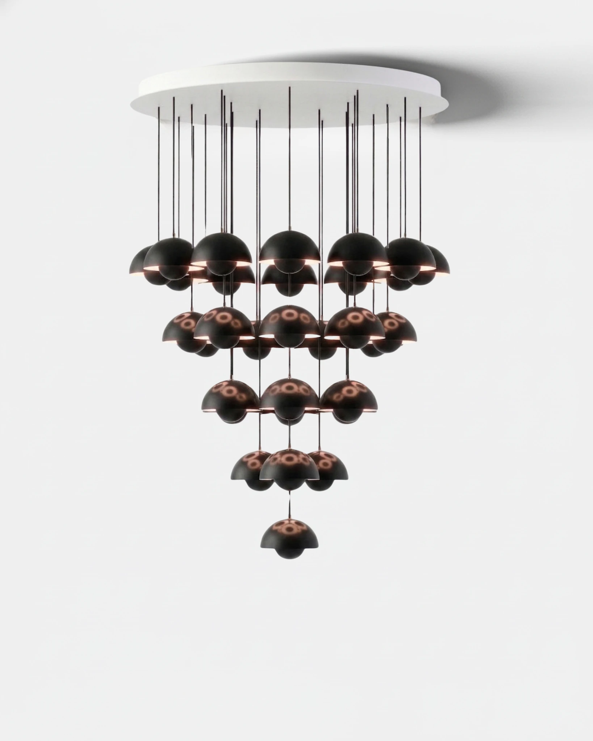 Modern chandelier FLORA No.01 Symphony in volcano black, 31 glossy petal globes in a tapered cluster