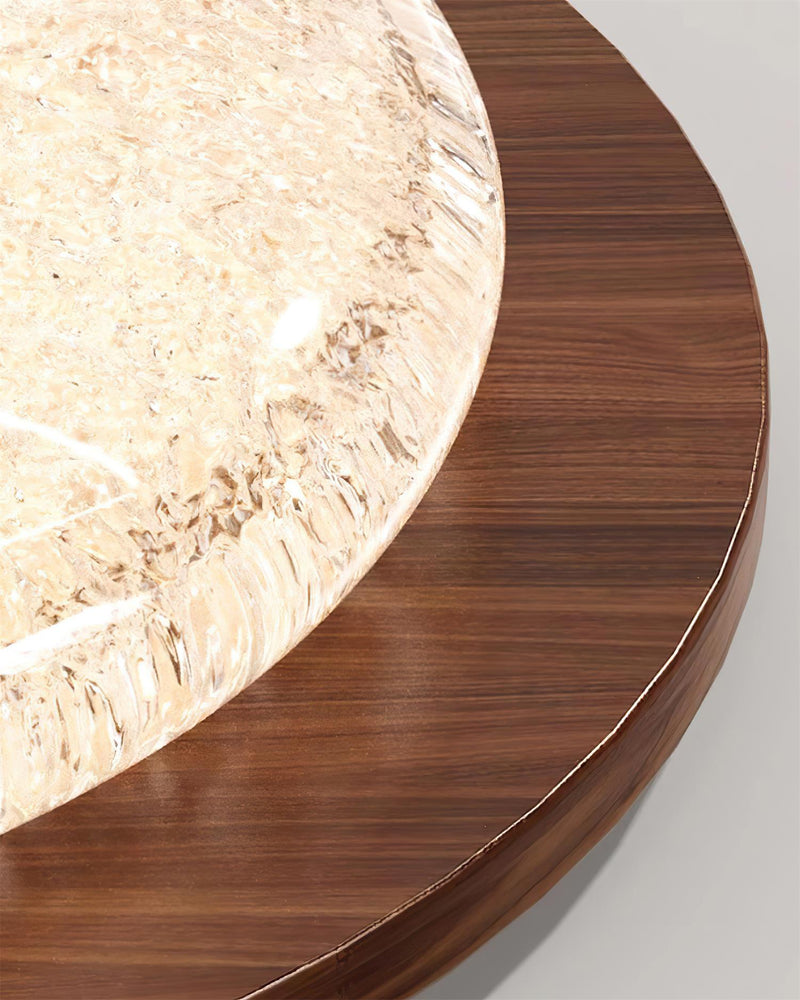 Close-up of the NIVE No.01 modern flush mount ceiling light showing the icy resin texture against the walnut band