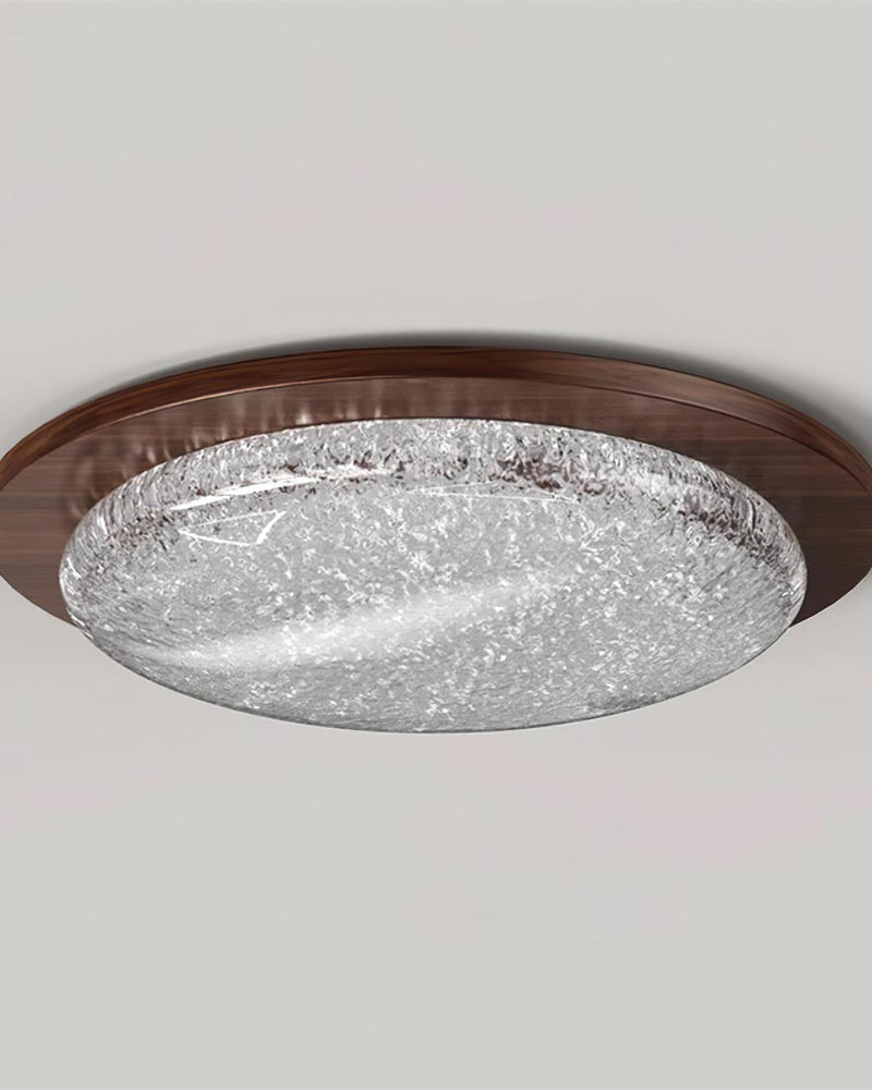 Modern flush mount ceiling light NIVE No.01 unlit, clear crackled ice resin disc framed by a walnut brown ring