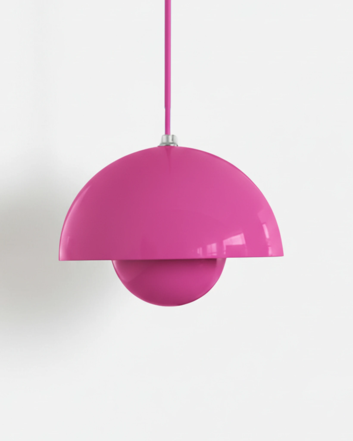 Large 15 in modern pendant light ALTO No.01 in acid pink lacquer, glossy hemisphere shade, unlit