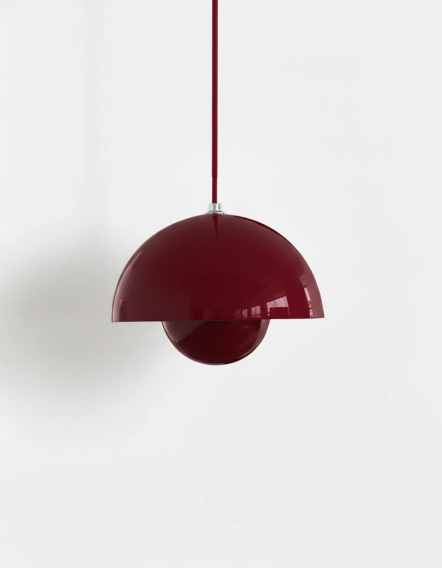 Modern pendant light ALTO No.01, medium 9 in, deep bordeaux lacquered flowerpot shade with a red cord