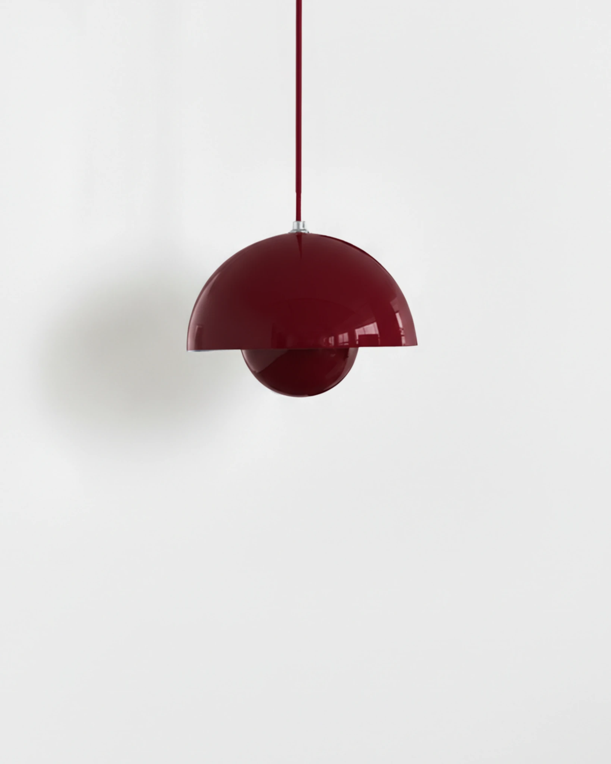 Small 6 in modern pendant light ALTO No.01 in bordeaux lacquer hanging from a matching dark red cord