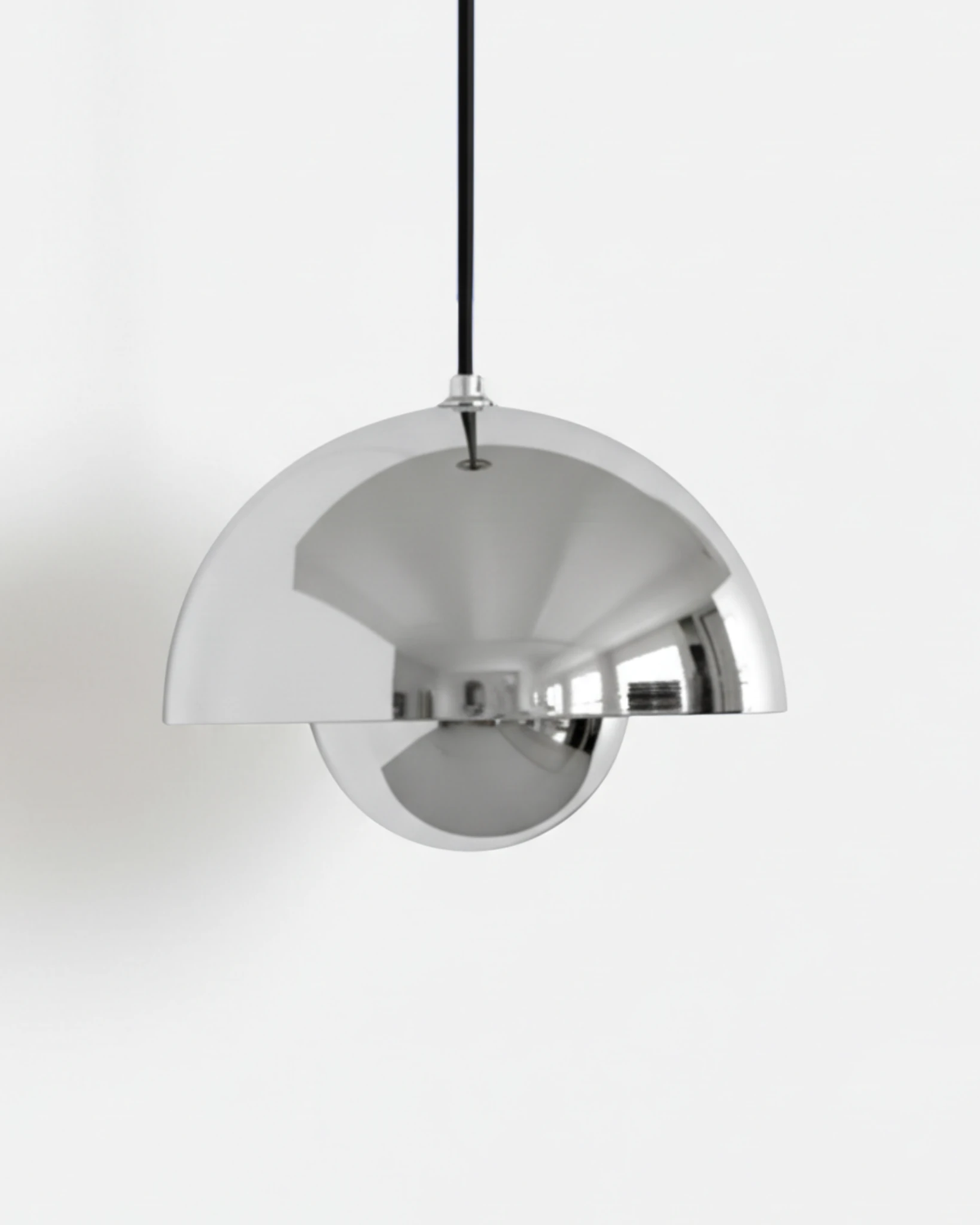 Large 15 in modern pendant light ALTO No.01 in polished chrome, reflective flowerpot shade, unlit