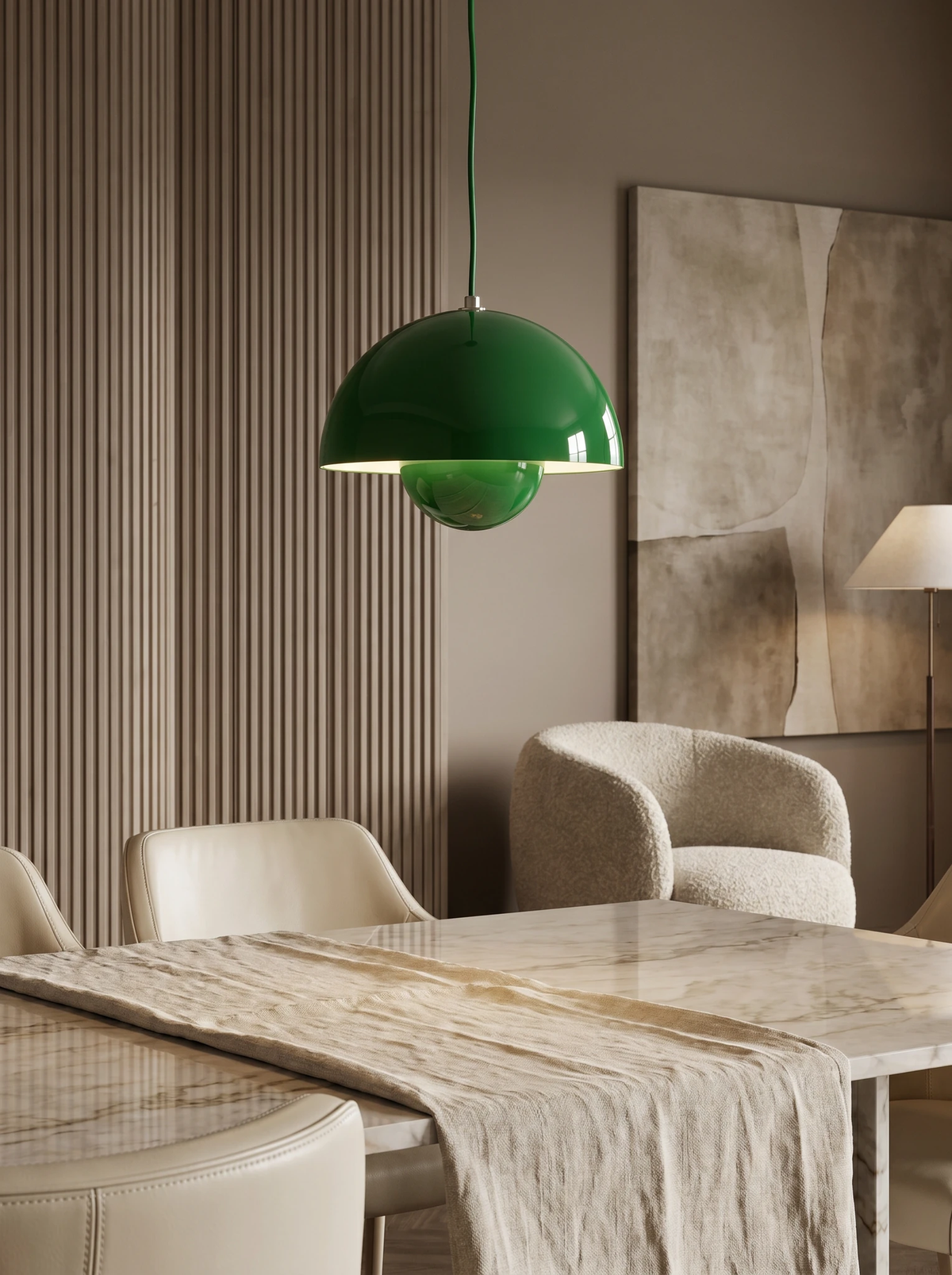 Modern pendant light ALTO No.01 in forest green hanging above a dining table with beige chairs