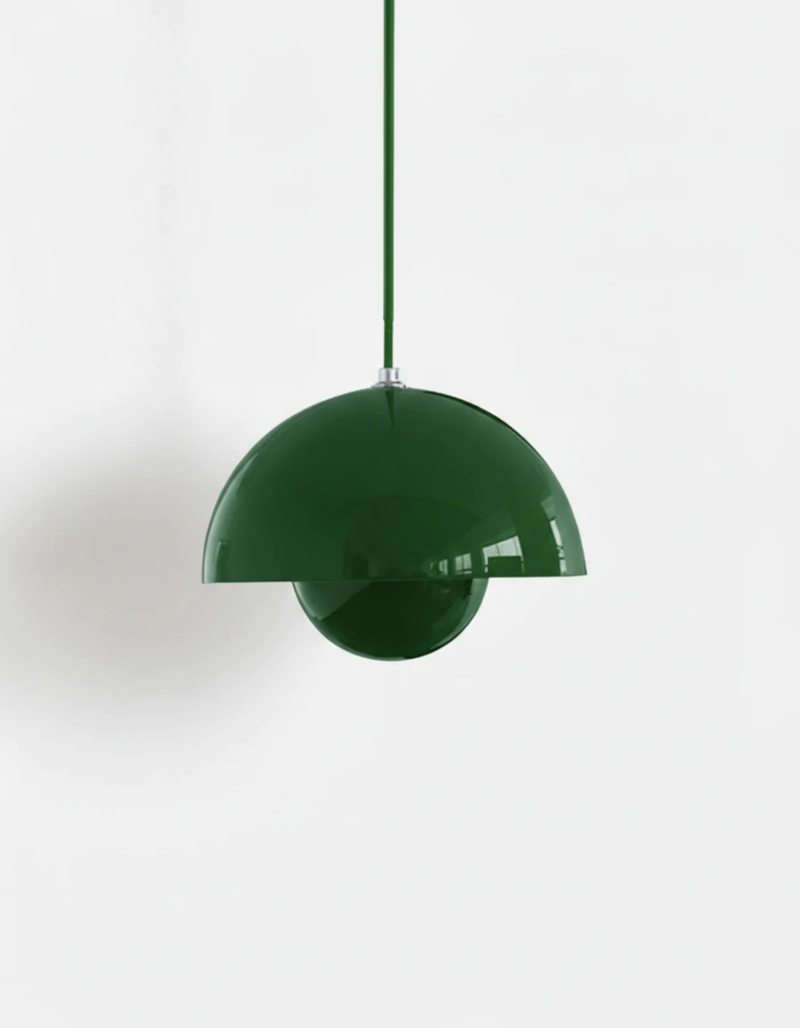 Modern pendant light ALTO No.01, medium 9 in, flowerpot shape in glossy forest green with matching cord