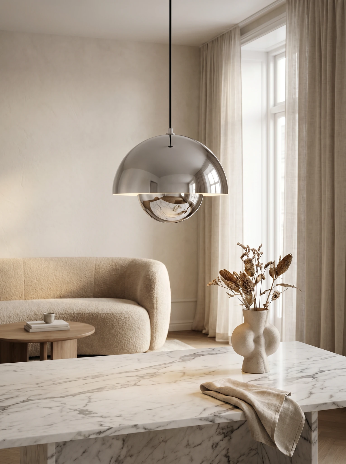 Modern pendant light ALTO No.01 in chrome hanging in a living room with a marble coffee table and sofa