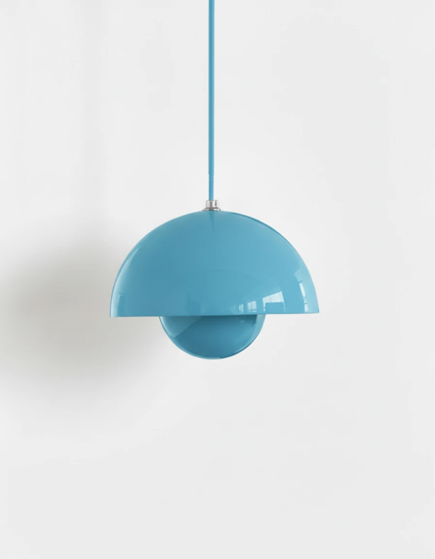 Modern pendant light ALTO No.01, medium 9 in, glossy sky blue lacquer with matching cord, unlit