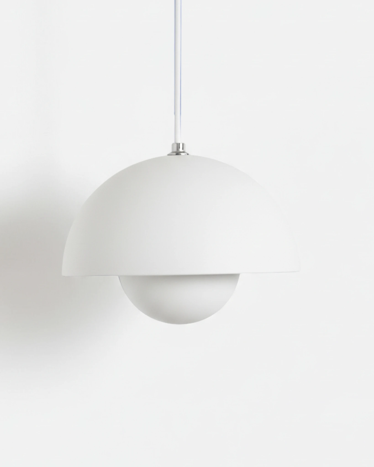 Large 15 in modern pendant light ALTO No.01 in soft white lacquer, nested hemisphere shade on a white cord