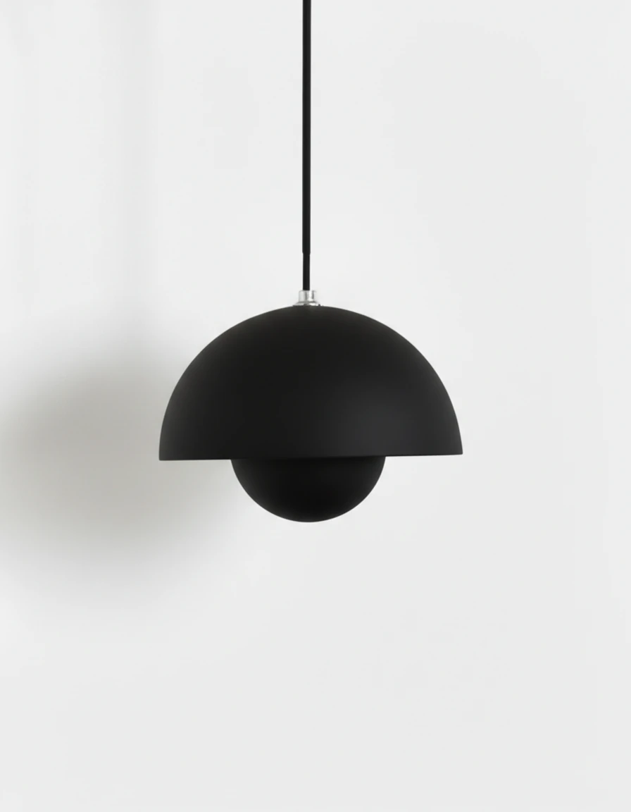 Modern pendant light ALTO No.01, medium 9 in, volcano black lacquer on a black cord, unlit packshot