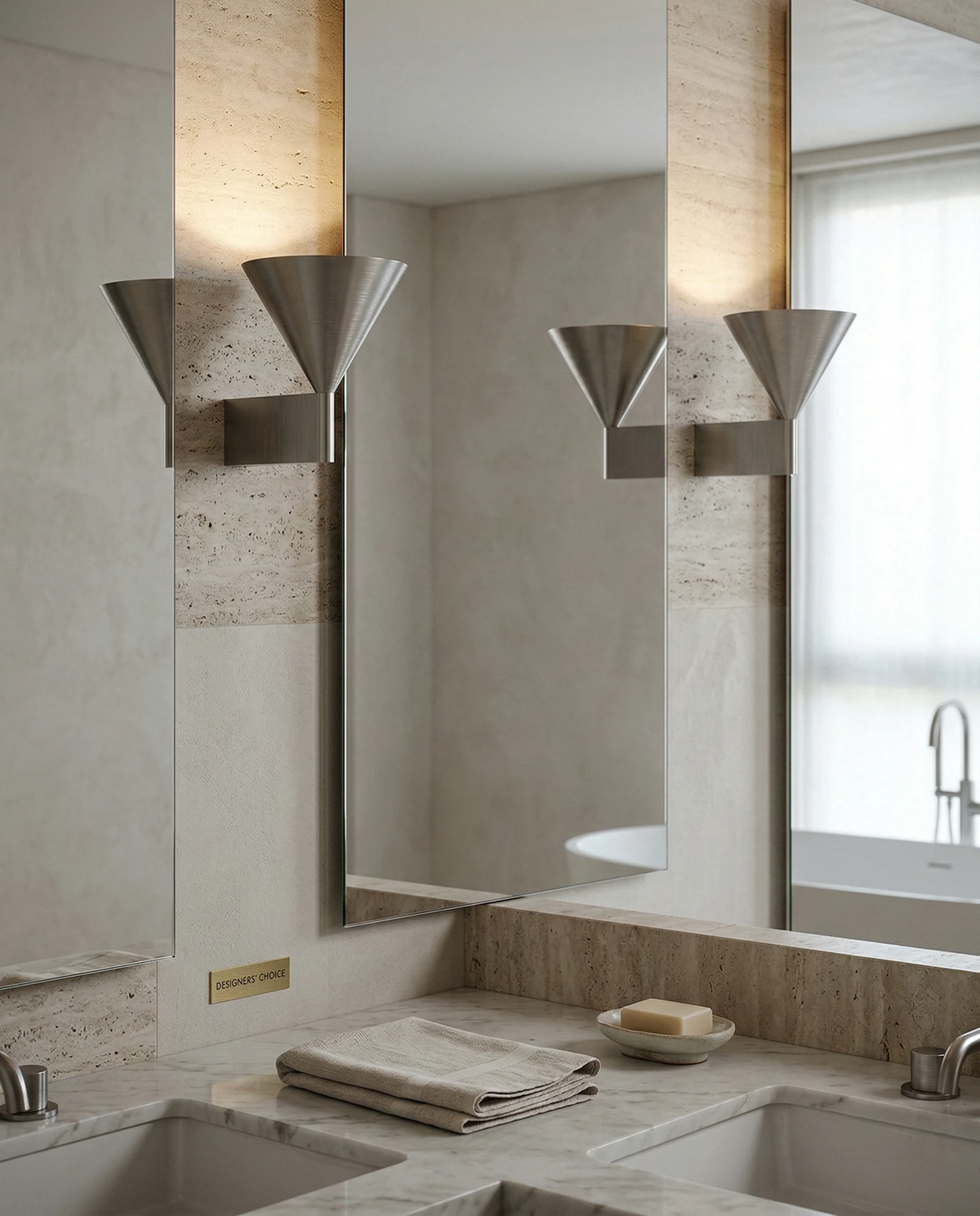 Two modern wall sconces ETNA No.01 in aluminum lit on a stone wall above a double vanity with mirrors