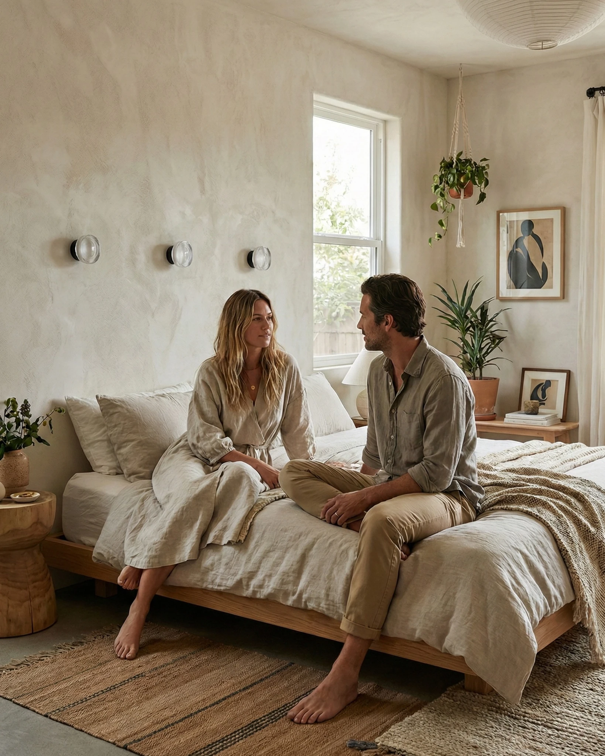 Three modern wall sconces OBLI No.01 in a row above a wooden bed where a couple sits in a plaster bedroom