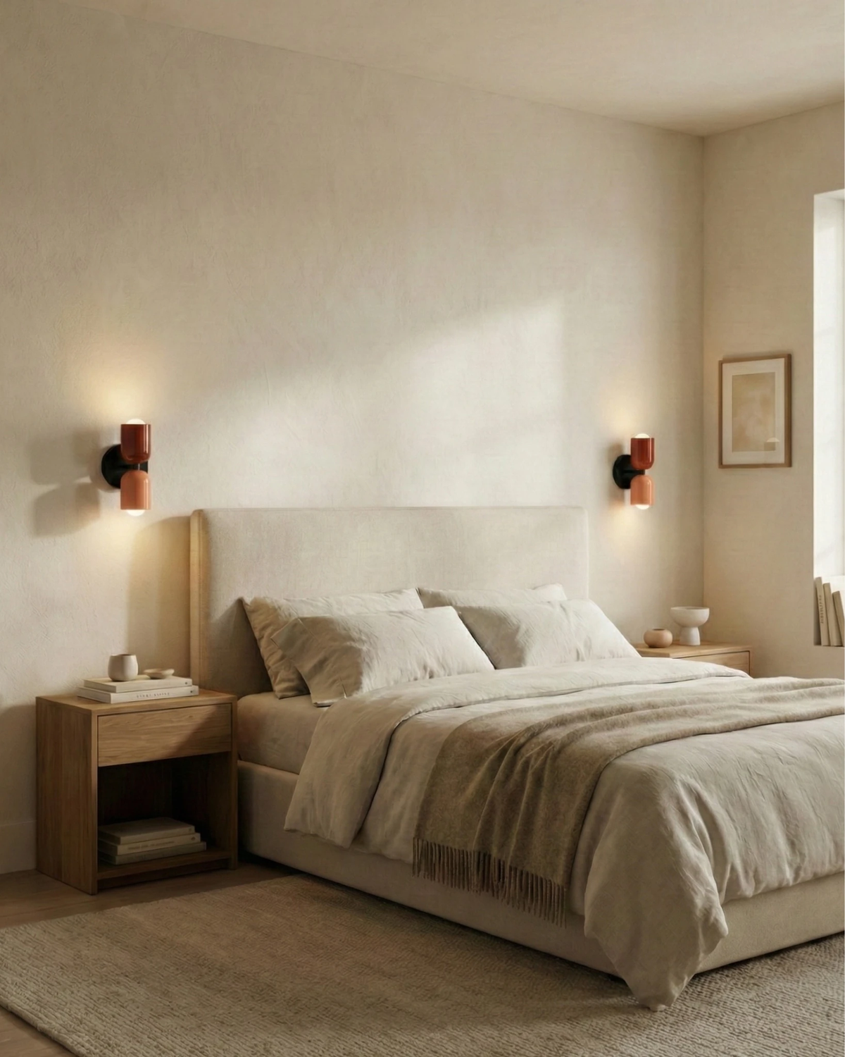 Two modern wall sconces TORINO No.01 in red tones switched on either side of an upholstered bed in a beige bedroom