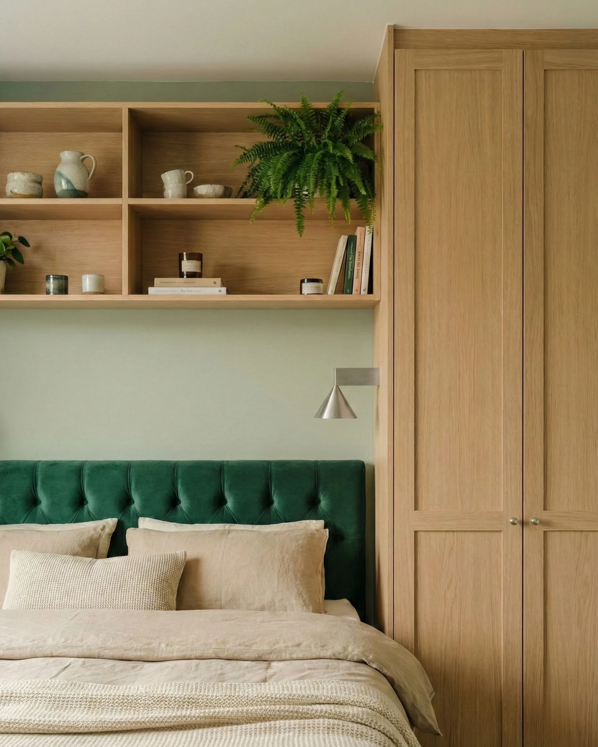 Modern wall sconce ETNA No.01 in aluminum mounted beside a bed with a green headboard and oak shelving