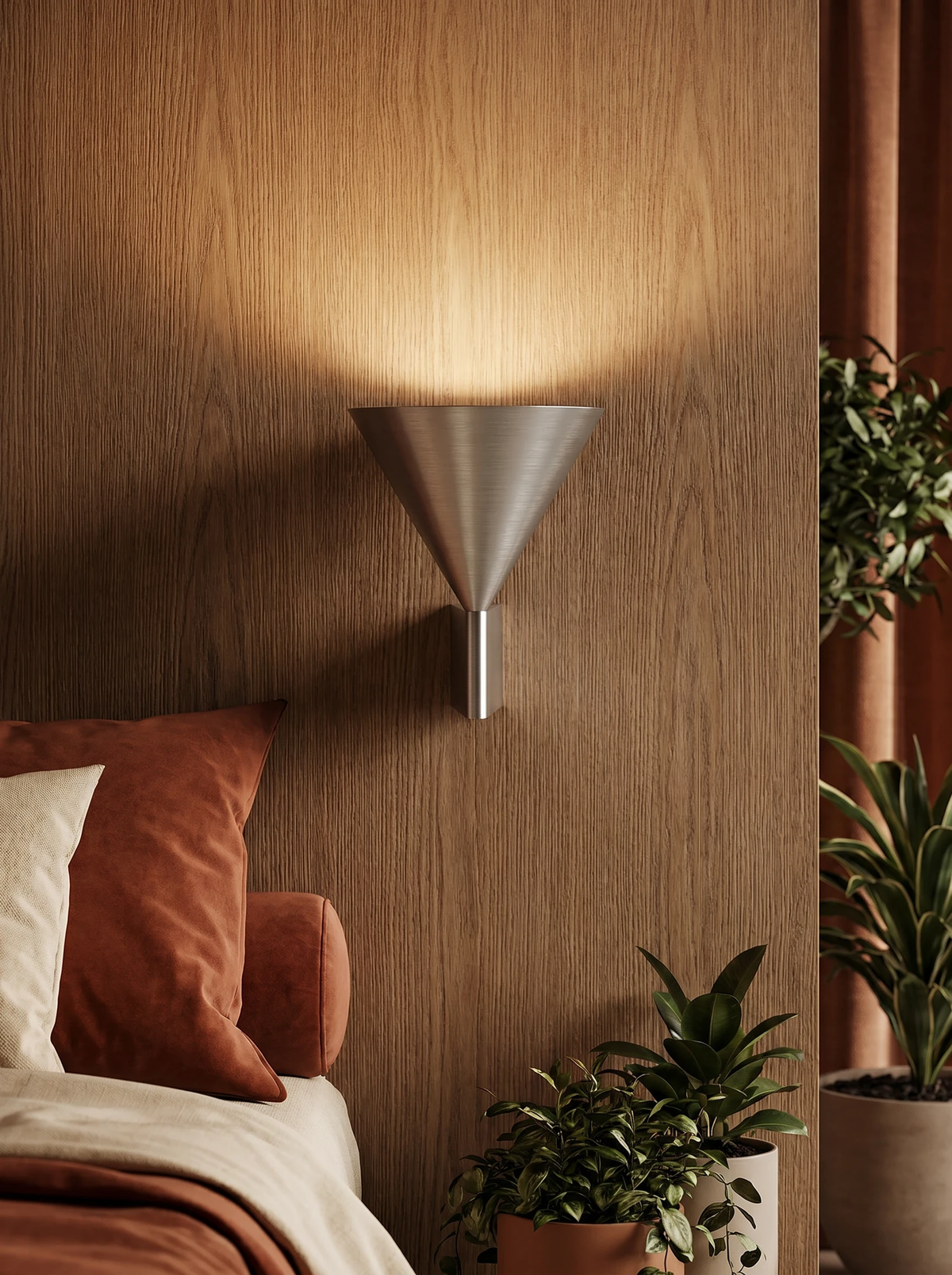 Modern wall sconce ETNA No.01 in aluminum lit on a wood wall above a bed with terracotta pillows