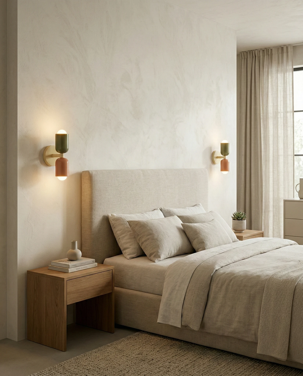 Pair of modern wall sconces MURO No.02 in sage and pink, lit on either side of an upholstered bed with oak nightstands