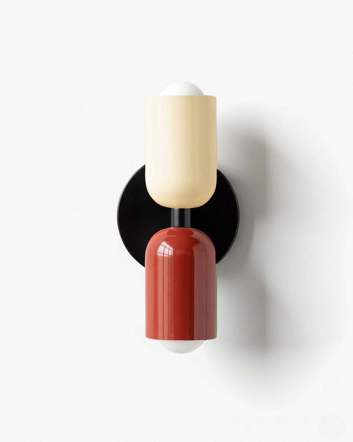 Modern wall sconce TORINO No.01 in Beige & Red, cream upper shade and oxblood red lower shade, unlit packshot