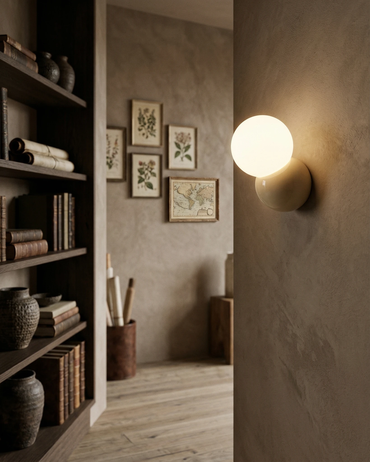 Modern wall sconce AURA No.01 lit on a plaster wall beside built-in bookshelves and botanical prints